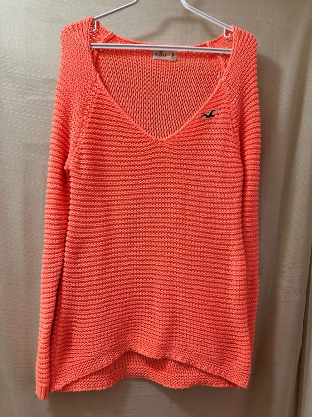 Hollister Neon Orange Coral Open Knit Sweater V Neck Boho Stretch M Y2K 2010